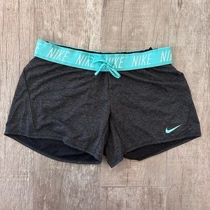 Nike Dri-Fit shorts. Gray base with teal waistband